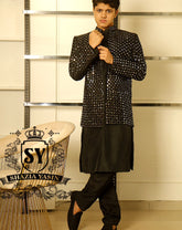 Best-seller black Mirror work embroidered Prince Coat is once again available for Wedding and Occasion in our Showroom