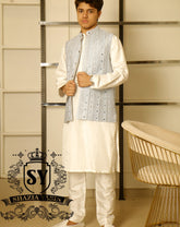 Light Aero Blue Mirror Work Embroidered Waistcoat perfect style to face the festive days