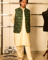 Green Floral detailing Groom Mehndi WaistCoat Style making its trend ways stronger