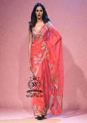 Designer Heavy Geranium Red Saree for Indian Bridal Wear