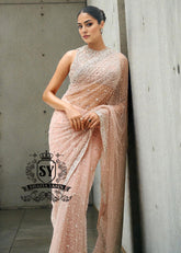 Buy Blush Net Crystalline Embellished Saree With Blouse Online Cocktail Sarees UK, USA, Canada, Australia
