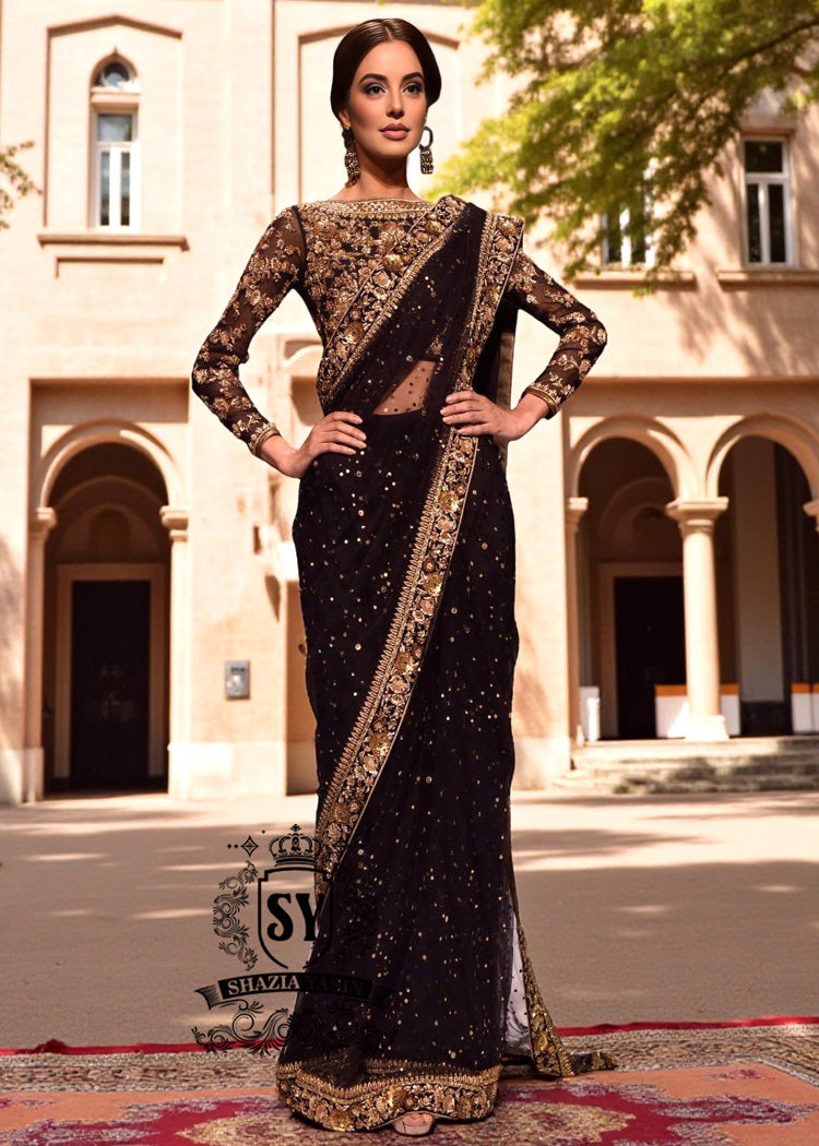 Pakistani Saree Designer Saree Rockville Maryland USA Black Heavy Embellished Sarees in Chiffon
