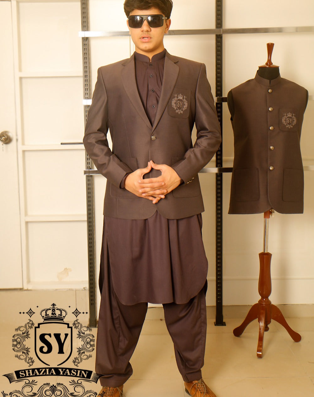A beautiful Merlot blazer with Kameez shalwar suit Notch Lapel collar with embellished logo
