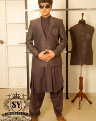 A beautiful Merlot blazer with Kameez shalwar suit Notch Lapel collar with embellished logo