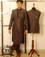 A beautiful Merlot blazer with Kameez shalwar suit Notch Lapel collar with embellished logo