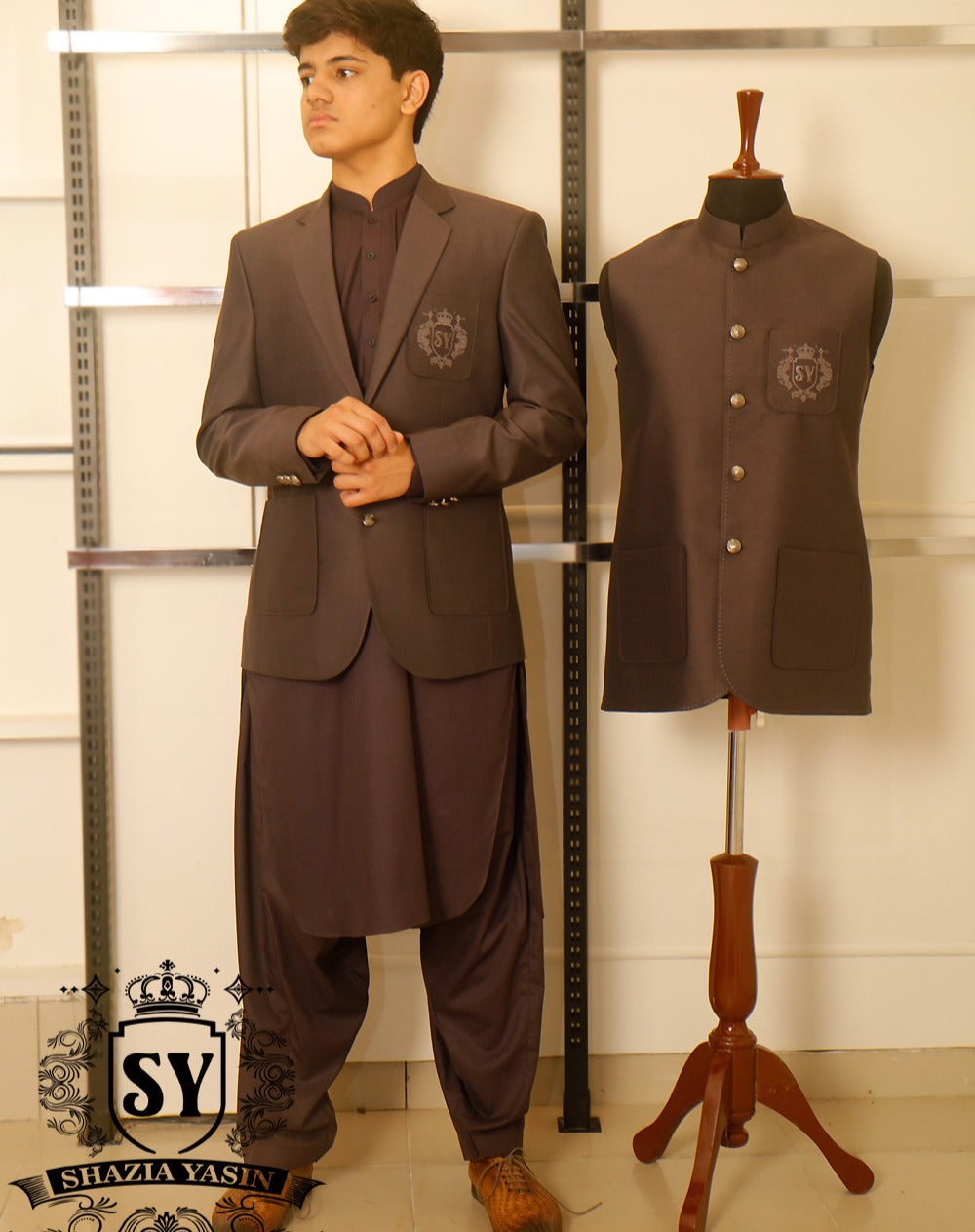 A beautiful Merlot blazer with Kameez shalwar suit Notch Lapel collar with embellished logo