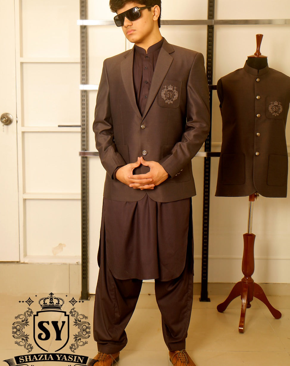 A beautiful Merlot blazer with Kameez shalwar suit Notch Lapel collar with embellished logo