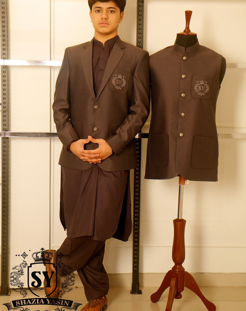 A beautiful Merlot blazer with Kameez shalwar suit Notch Lapel collar with embellished logo