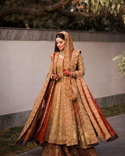 Beautiful Heavy Gold hand Embellished Nikah Bridal Dress