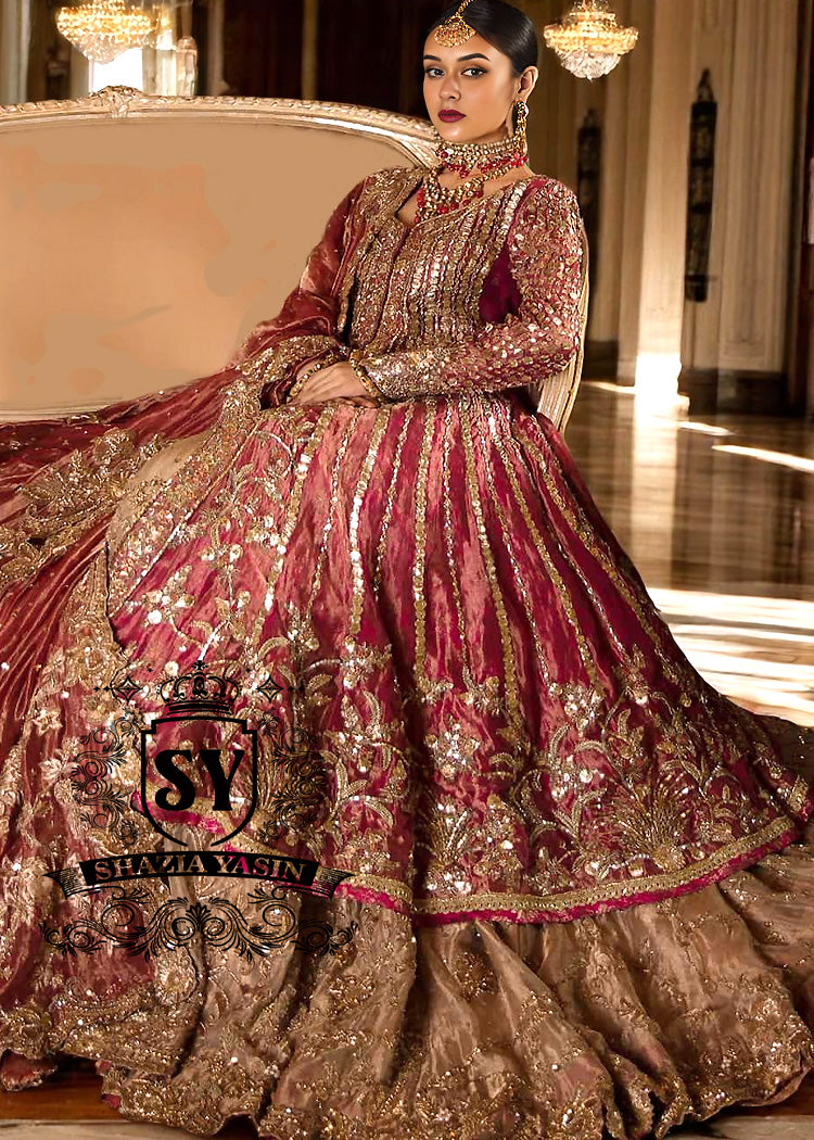 Vivid Burgundy Auburn Anarkali and Lehenga