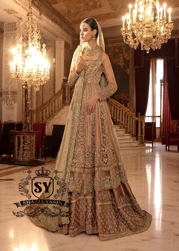 Light Chamoisee Designer Bridal Pishwas and Lehenga Holland Netherlands Stylish Pakistani Bridal Dresses