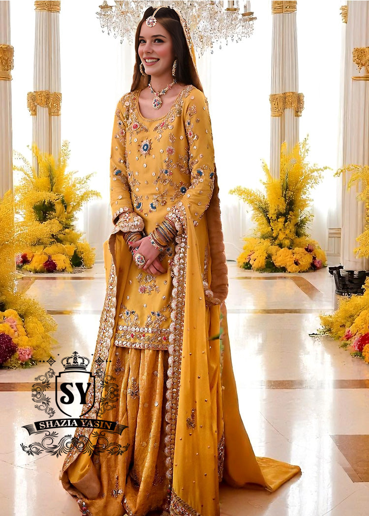 Yellow Dress for Mayon Mehndi Function With Price Flower Mound Texas USA Bridal Gharara Style For Bride