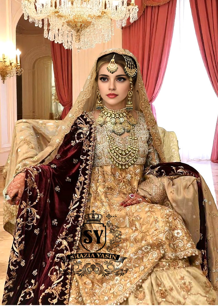 Pakistani Walima Dress for Bride McKinney Texas USA Gharara Bridal Dress In Beautiful Gold Buff