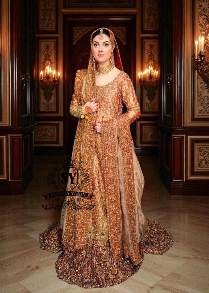 green emerald velvet dress Pakistani Designer Luxury Bridal Wear in Gold Color – Shazia Yasin