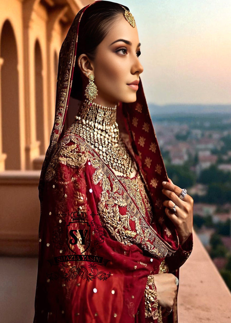 Traditional Red Bridal Outfit Long Bridal Gown Buy Pakistani Indian Bridal Outfits Online UK, USA, Canada, Australia