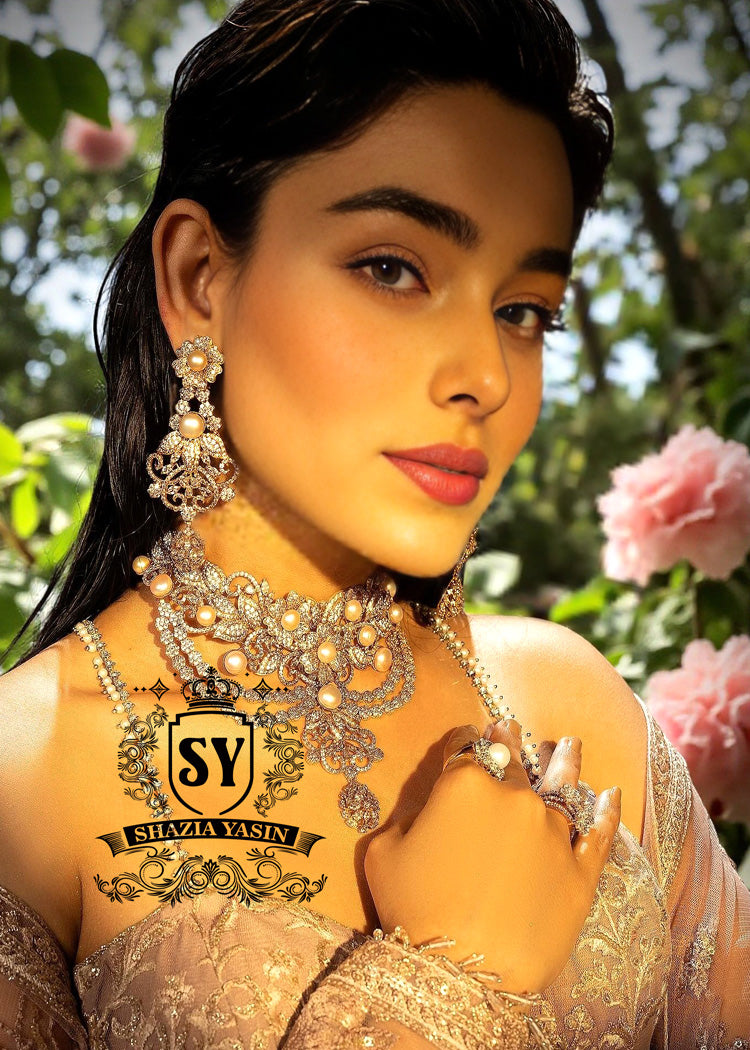 Handmade Sterling Silver Pearl Zircon Jewellery Set Bridal Jewellery Sets for Walima Ceremony