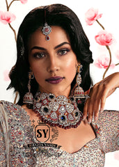 Latest Bridal Jewellery Set for Wedding Dark Sapphire Wedding Jewellery for Walima Reception with Diamond Polki Gemstones