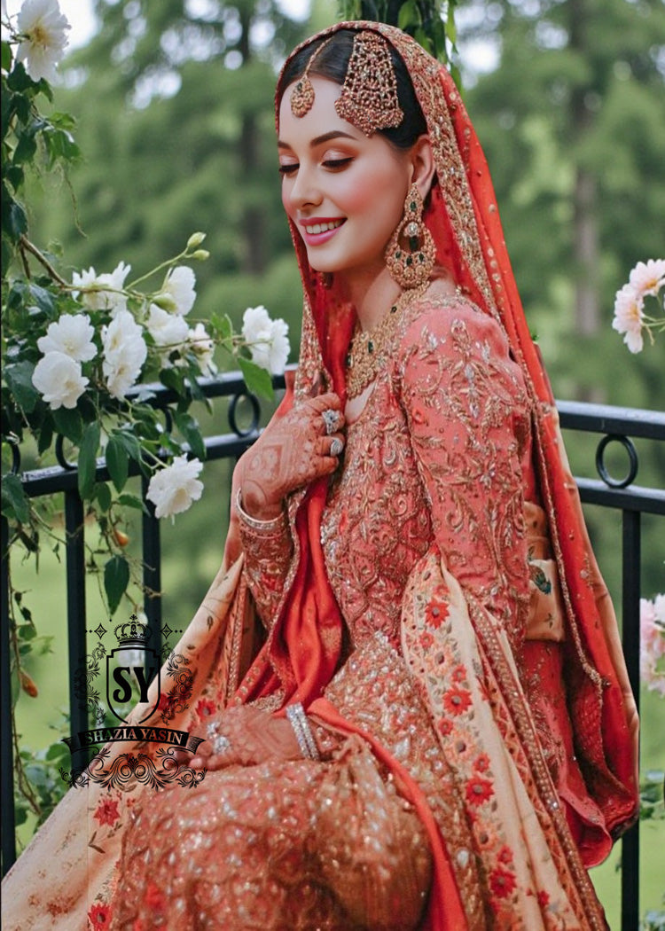 A little glow, a lot of grace— crystal-encrusted couture bridal dress with A line long shirt, farshi lehenga silhouette, and radiant hand-embellished detailing, designed to command attention and exude pure luxury glamour.