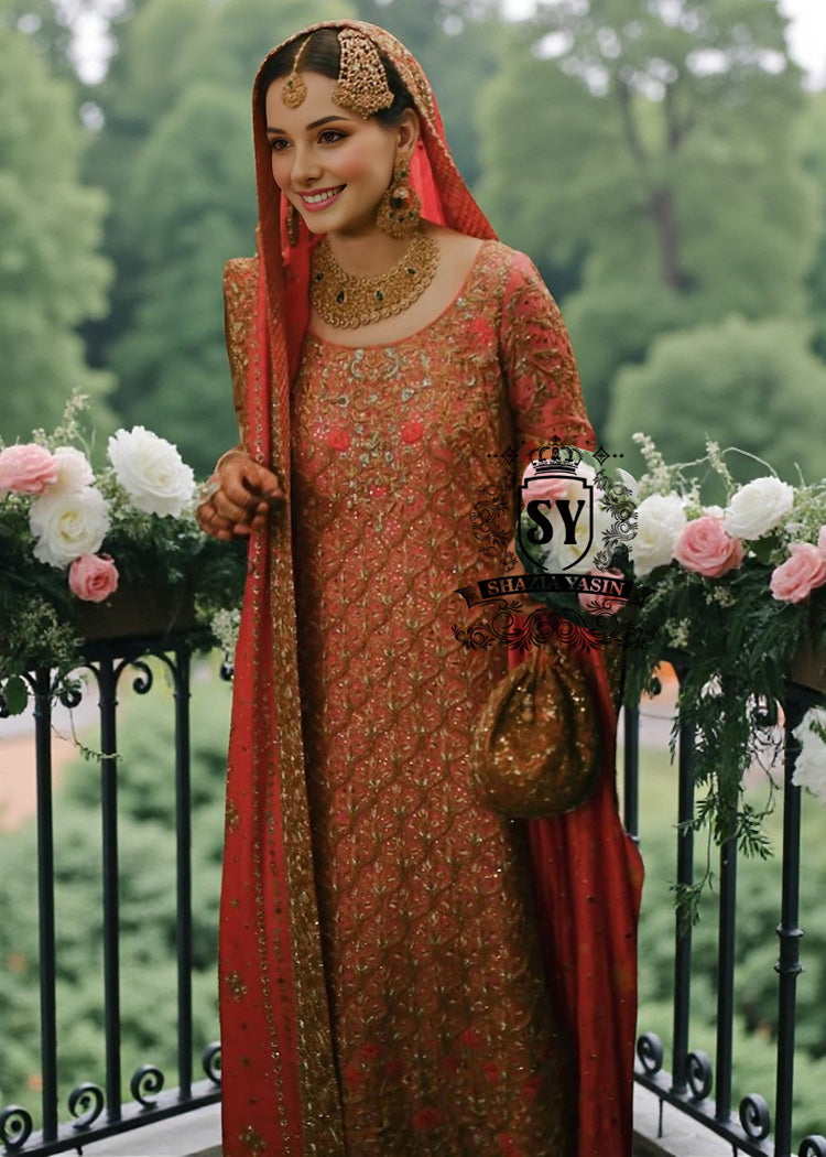 A little glow, a lot of grace— crystal-encrusted couture bridal dress with A line long shirt, farshi lehenga silhouette, and radiant hand-embellished detailing, designed to command attention and exude pure luxury glamour.