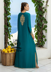 As wedding season blooms, make a sophisticated statement with our exquisite Teal Kaftan dress, crafted from pure raw silk and embellished with intricate dapka, naqshi, and cutdana embroidery. Every detail is carefully designed to highlight your unique radiance and individuality, perfect for any special occasion where you want to be the most spectacular.