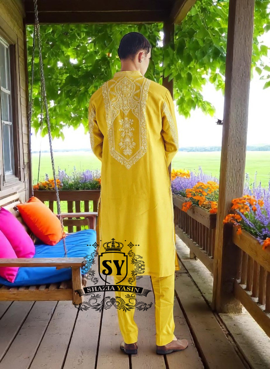 Pakistani Mens Kurta Juneau Alaska Mustard Yellow Designer Kurta Pajama for Festive Season USA