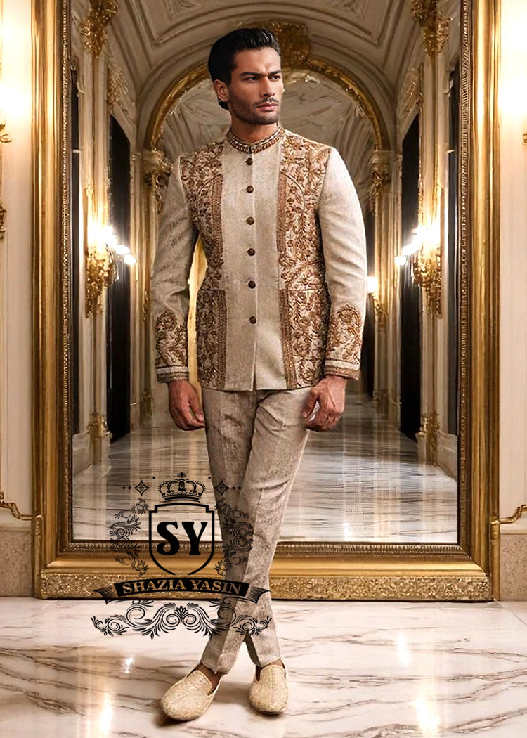 Copper Beige Mens Prince Coat for Reception