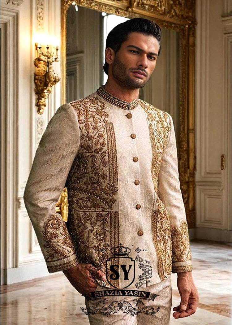Copper Beige Mens Prince Coat for Reception