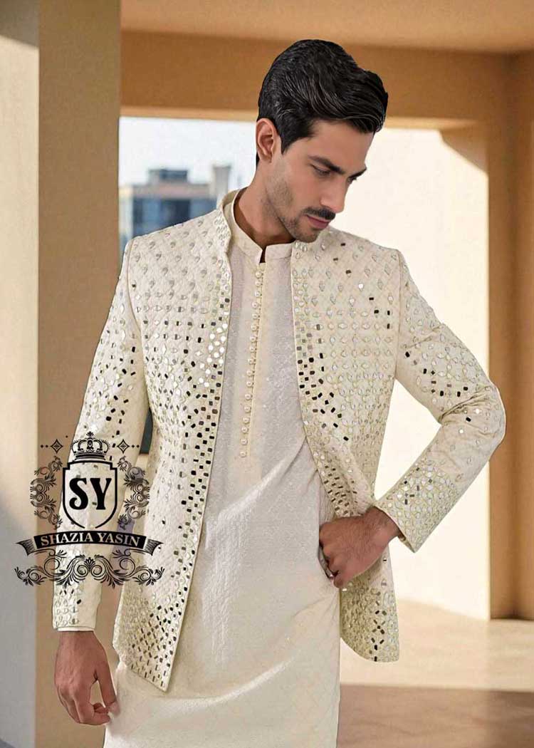 Stylish mirror work Menswear Prince Coat for Man Wedding Collection Formal Prince Coat Pakistani Designer Prince Coats