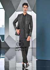 Mid-Night Black Prince coat Mens Prince coat Telford London UK Pakistan Designer Mirror Embroidered Prince Coat