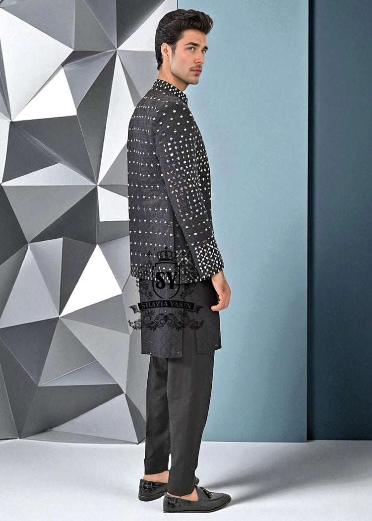 Elegant Mid-Night Black Prince coat Mens Prince coat Telford London UK Pakistan Designer Mirror Embroidered Prince Coat