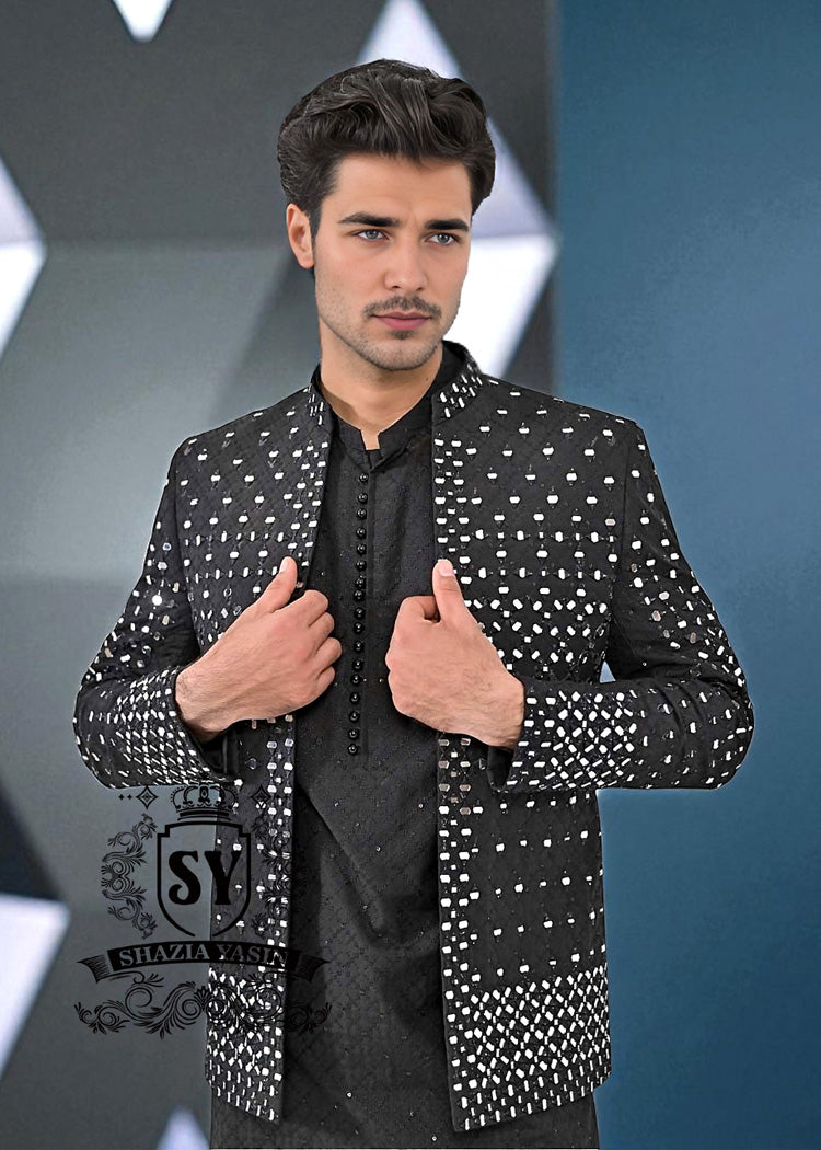 Latest Mid-Night Black Prince coat Mens Prince coat Telford London UK Pakistan Designer Mirror Embroidered Prince Coat