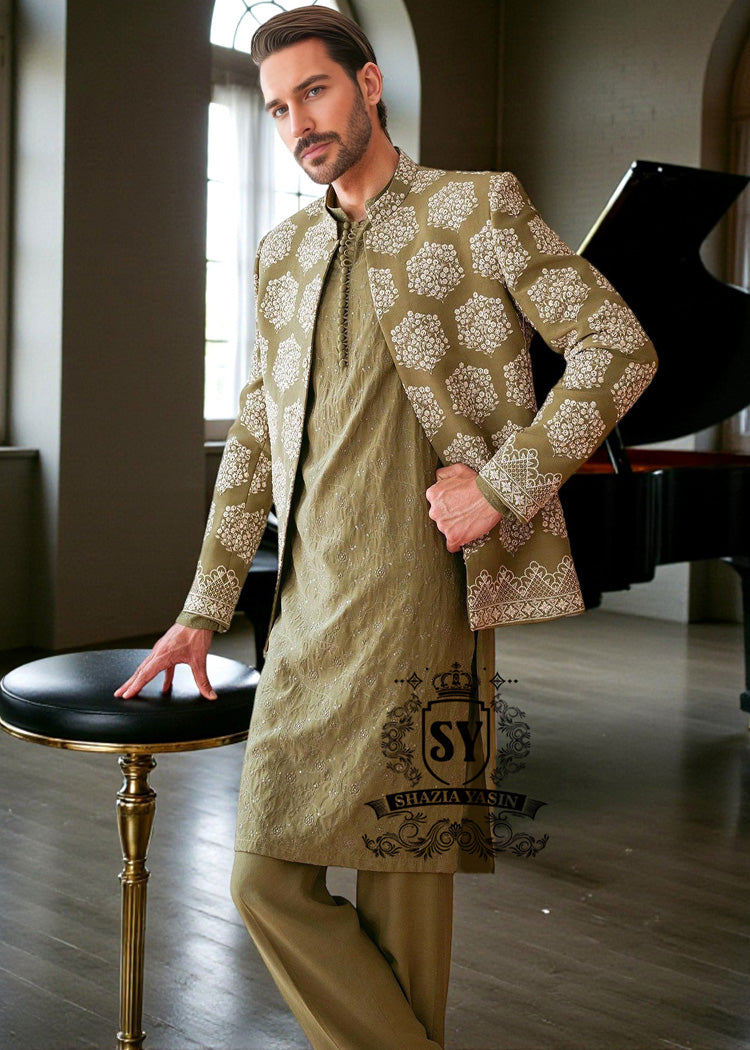 Collection of Formal Prince Coats Brands Juffair UK Olive Green Groom Prince Suit Made in Pakistan 100%