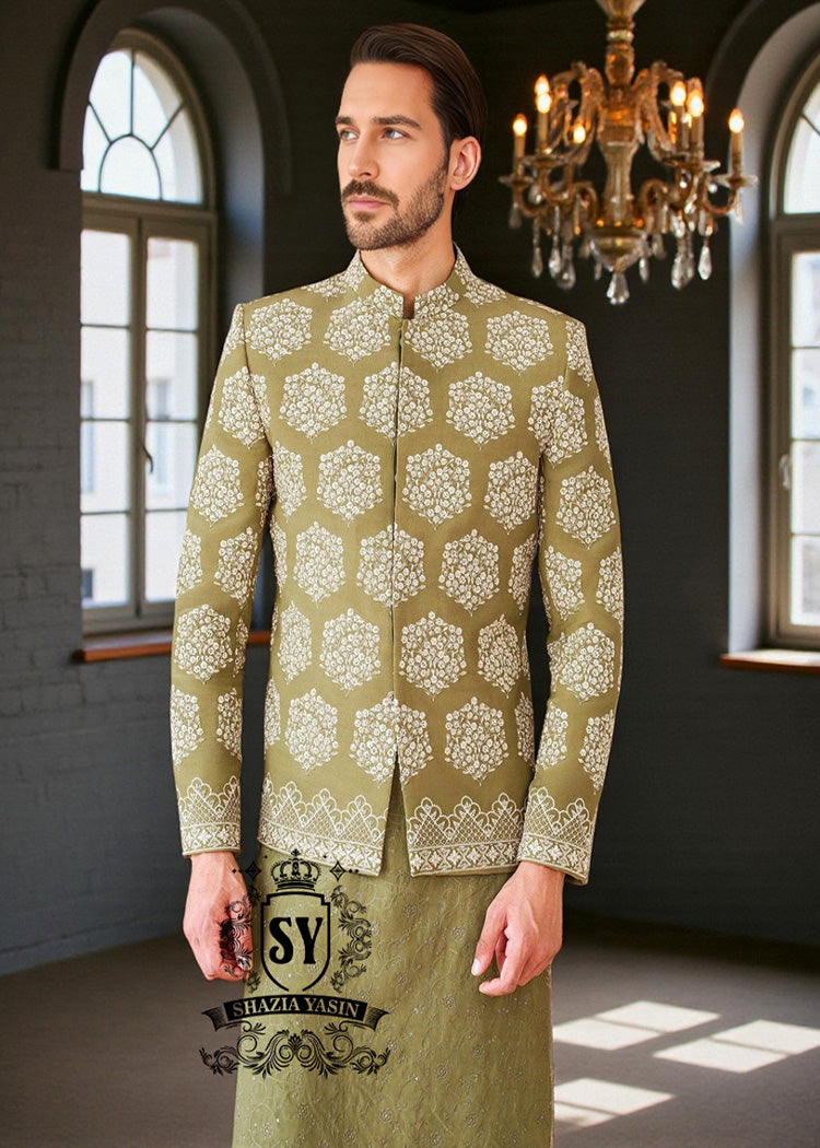 Latest Collection of Formal Prince Coats Brands Juffair UK Olive Green Groom Prince Suit Made in Pakistan 100%
