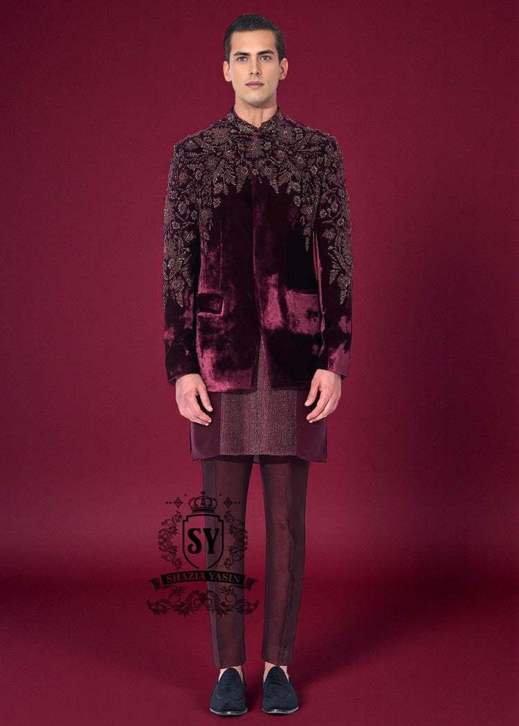 Bordeaux Velvet Embellished Prince Coat
