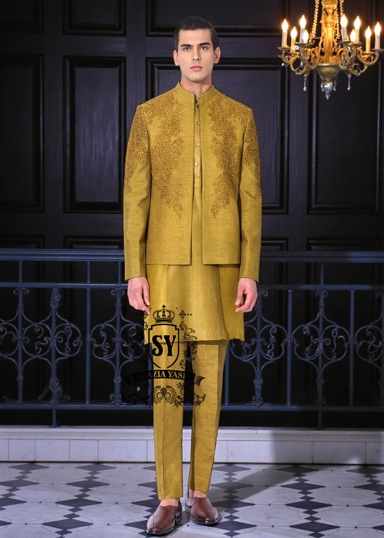 Men's Prince Coats and Suits | Mustard Yellow Men's Three-piece Suit - Prince Coat, Kurta, and Trousers