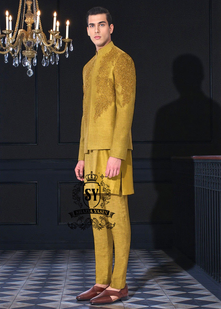 Men's Prince Coats and Suits | Mustard Yellow Men's Three-piece Suit - Prince Coat, Kurta, and Trousers