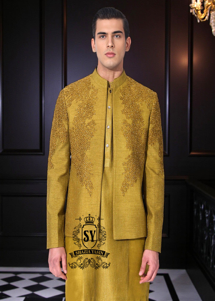 Men's Prince Coats and Suits | Mustard Yellow Men's Three-piece Suit - Prince Coat, Kurta, and Trousers