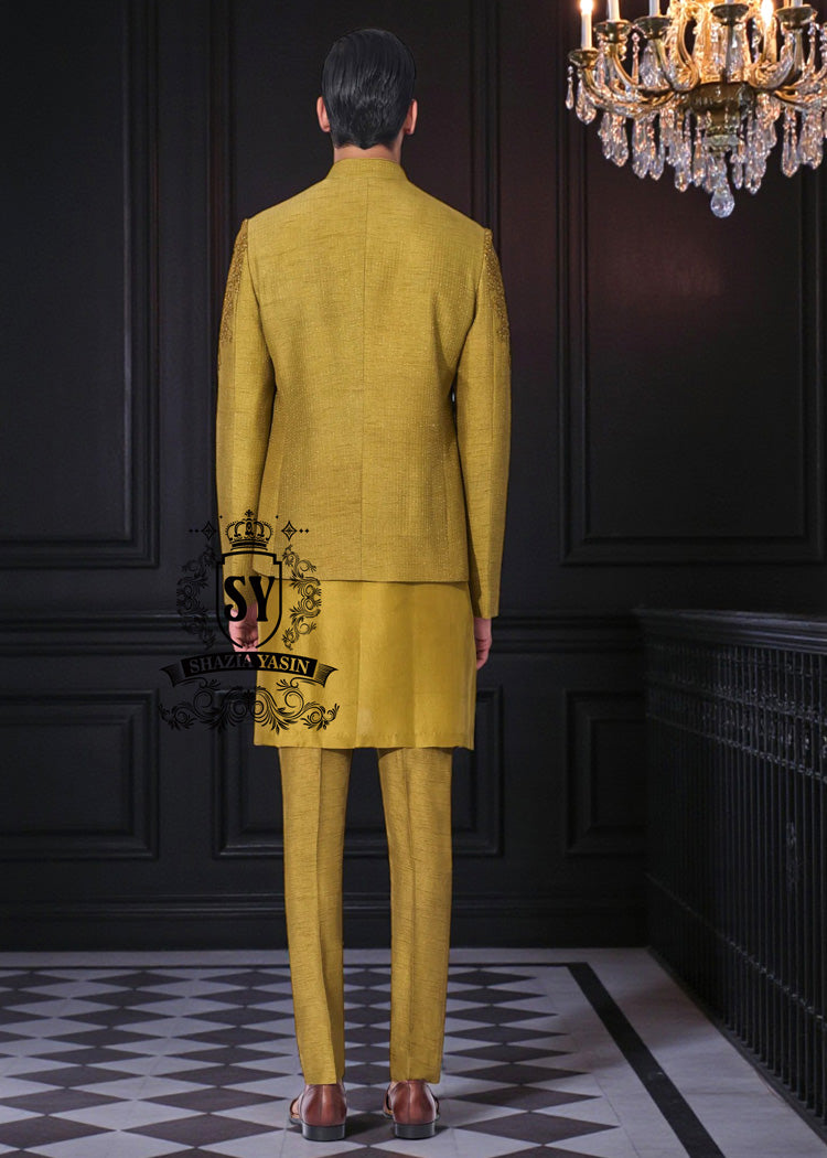 Men's Prince Coats and Suits | Mustard Yellow Men's Three-piece Suit - Prince Coat, Kurta, and Trousers
