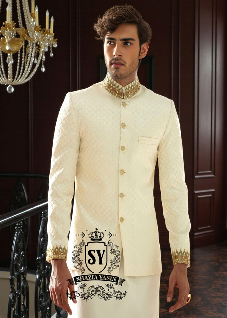Off-white Embroidered Prince Coat for Weddings Melbourne Australia High Quality Men's Prince Coat with matching kurta pajama