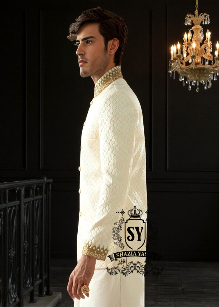 Off-white Embroidered Prince Coat for Weddings Melbourne Australia High Quality Men's Prince Coat with matching kurta pajama