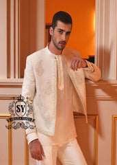 Ivory Self Karandi Silk Embroidered Prince Coat Trondheim Fjord Stylish Embroidered Nikkah Prince Coats
