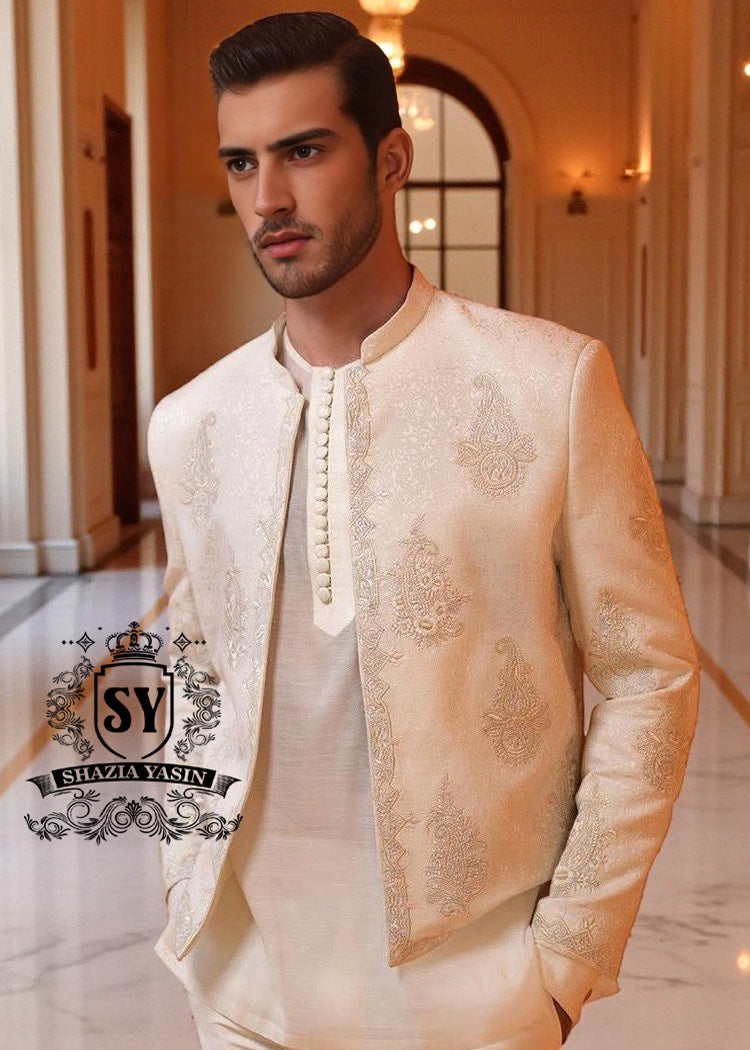 Ivory Self Karandi Silk Embroidered Prince Coat Trondheim Fjord Stylish Embroidered Nikkah Prince Coats