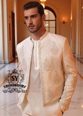 Ivory Self Karandi Silk Embroidered Prince Coat Trondheim Fjord Stylish Embroidered Nikkah Prince Coats