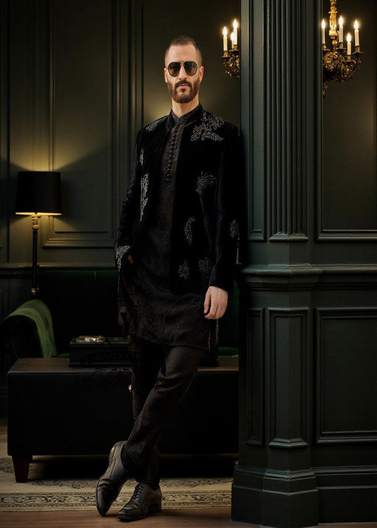 Men's Luxury Prince Coat Suits Black Prince Suit Men's Luxury Velvet Prince Suit Pakistani Wedding Prince coat