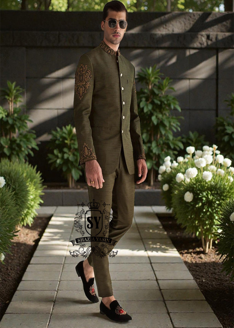 Elegant Nori Seaweed Green Embroidered Prince Coat for Grooms Riyadh Saudi Arabia Designer Raw Silk Prince Suit