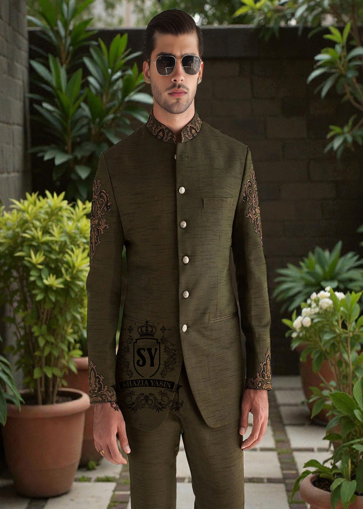 Elegant Nori Seaweed Green Embroidered Prince Coat for Grooms Riyadh Saudi Arabia Designer Raw Silk Prince Suit
