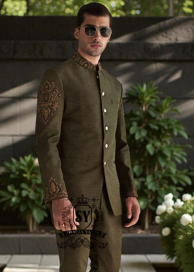 Elegant Nori Seaweed Green Embroidered Prince Coat for Grooms Riyadh Saudi Arabia Designer Raw Silk Prince Suit