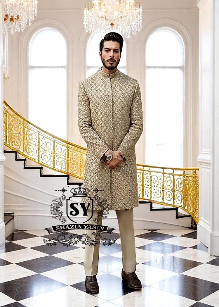 Heavy Embellished Sherwani in Raw Silk Hertfordshire England UK Sherwani for Wedding or Nikah Ceremony UK USA Canada Australia