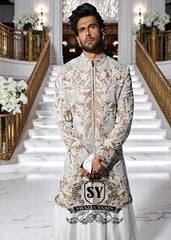Pakistani Designer Antique Brass Sherwani Nelson UK Smart Mens Sherwani in Raw Silk