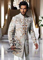 Pakistani Designer Antique Brass Sherwani Nelson UK Smart Mens Sherwani in Raw Silk